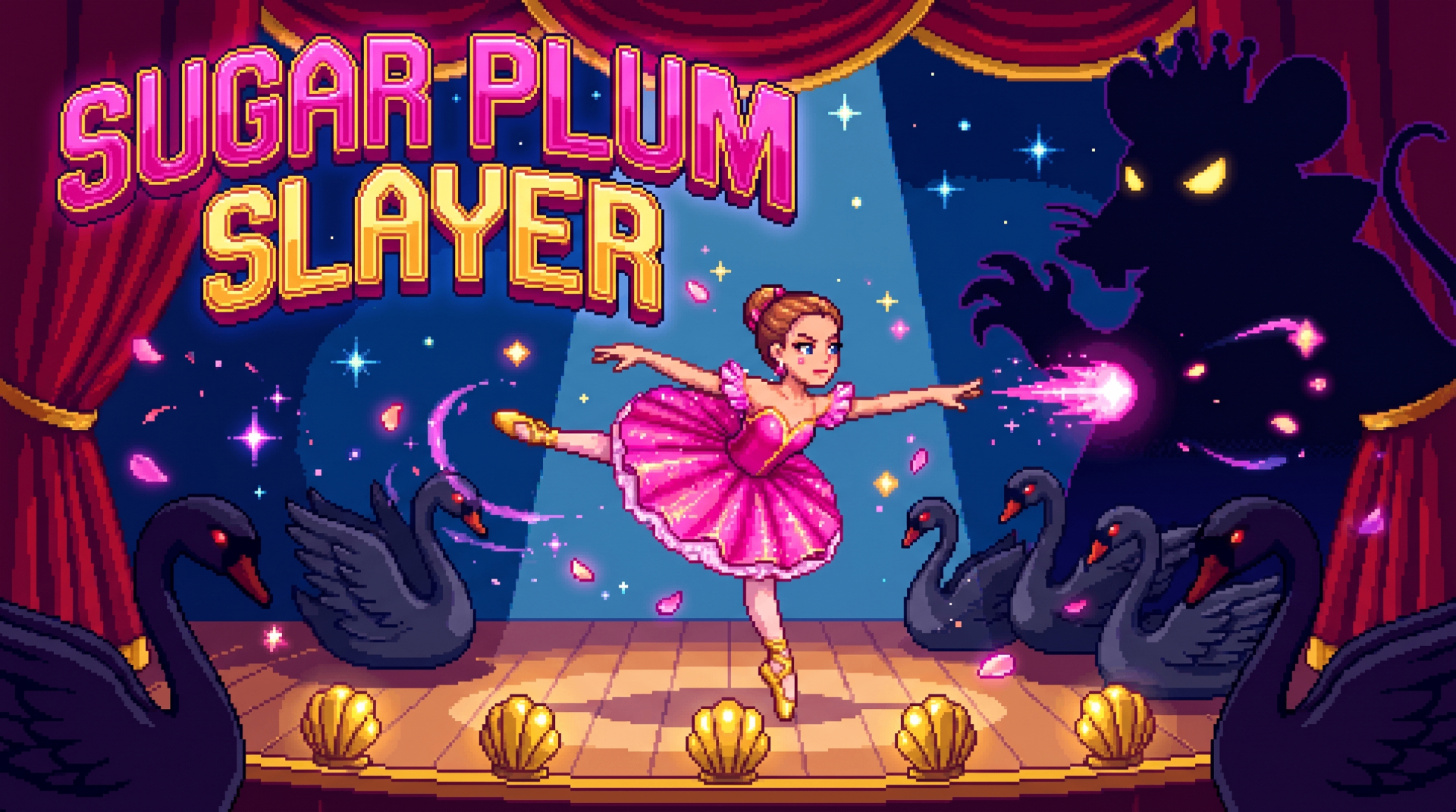 Sugar Plum Slayer — a Nutcracker dance game by Quinn. Pixel art of a ballerina facing a shadow king on stage.